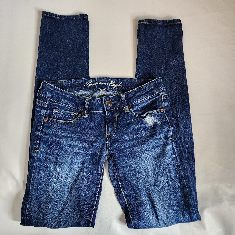 American Eagle Skinny Jeans Blue Distressed Stretch Denim Women's Size 2 Long
